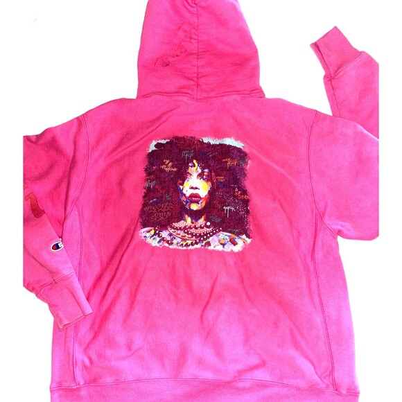 Erykah Badu Champion Reverse Weave Chenille Patch Applique Pink Hoodie Large - Picture 6 of 8